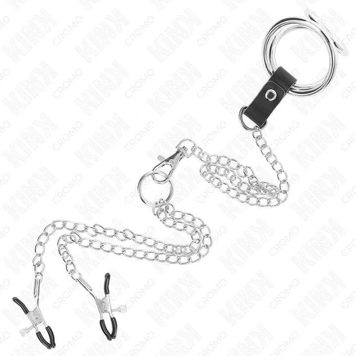 Dreifach Chrom Metall Penisring 3,8 cm Bis 5 cm mit 26 cm Metallkette und Nippelklemmen Modell 1 von Kink Ring Power | Fesselliebe.de
