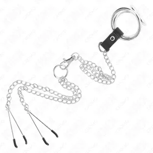 Dreifach Chrom Metall Penisring 3,8 cm Bis 5 cm mit 26 cm Metallkette und Nippelklemmen Modell 2 von Kink Ring Power
