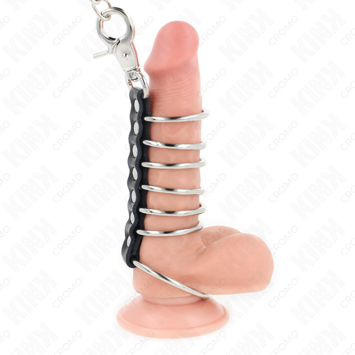 7 Penisringe aus Metall 3,8 cm Bis 5 cm Verbunden mit Leder und Metallkette 100 cm von Kink Ring Power | Fesselliebe.de