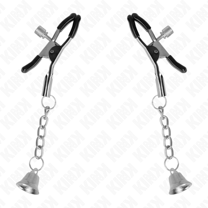 Silberne Nippelklemmen mit Glockenanhänger 6 cm von Kink Nipple Grip | Fesselliebe.de
