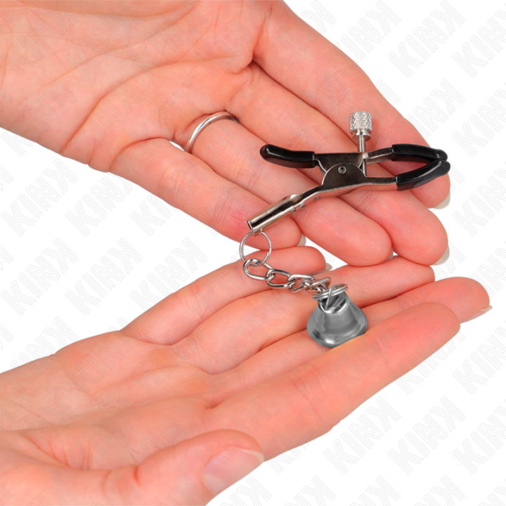 Silberne Nippelklemmen mit Glockenanhänger 6 cm von Kink Nipple Grip | Fesselliebe.de