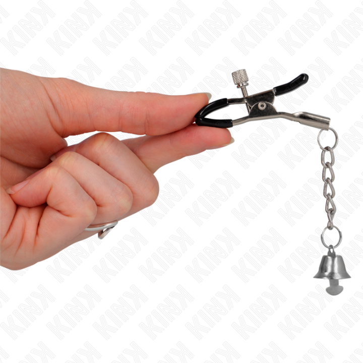 Silberne Nippelklemmen mit Glockenanhänger 6 cm von Kink Nipple Grip | Fesselliebe.de