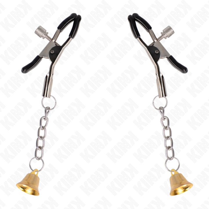 Goldene Nippelklemmen mit Glockenanhänger 6 cm von Kink Nipple Grip | Fesselliebe.de