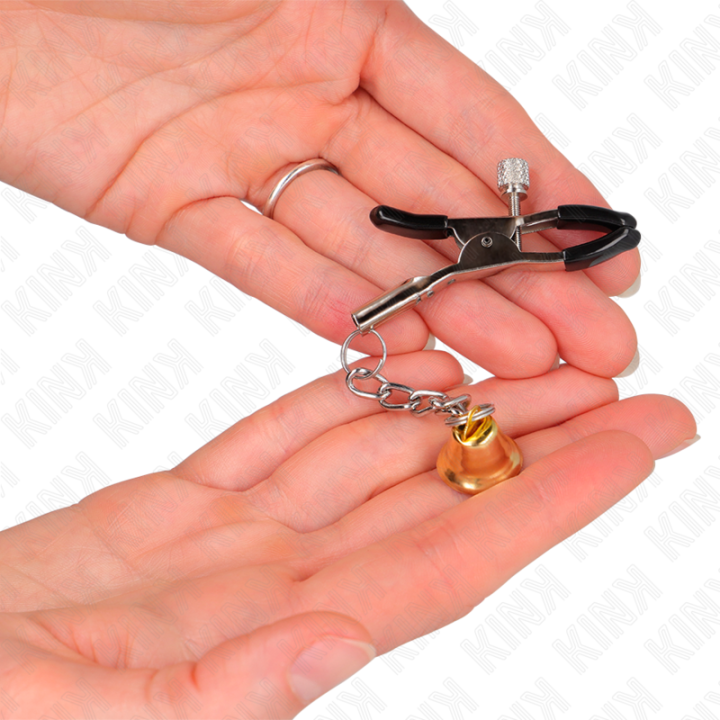 Goldene Nippelklemmen mit Glockenanhänger 6 cm von Kink Nipple Grip | Fesselliebe.de