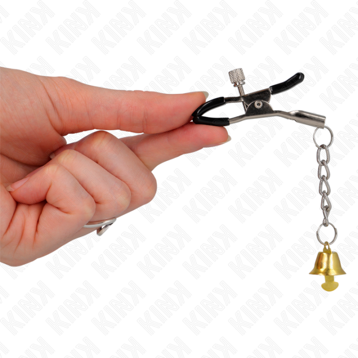 Goldene Nippelklemmen mit Glockenanhänger 6 cm von Kink Nipple Grip | Fesselliebe.de