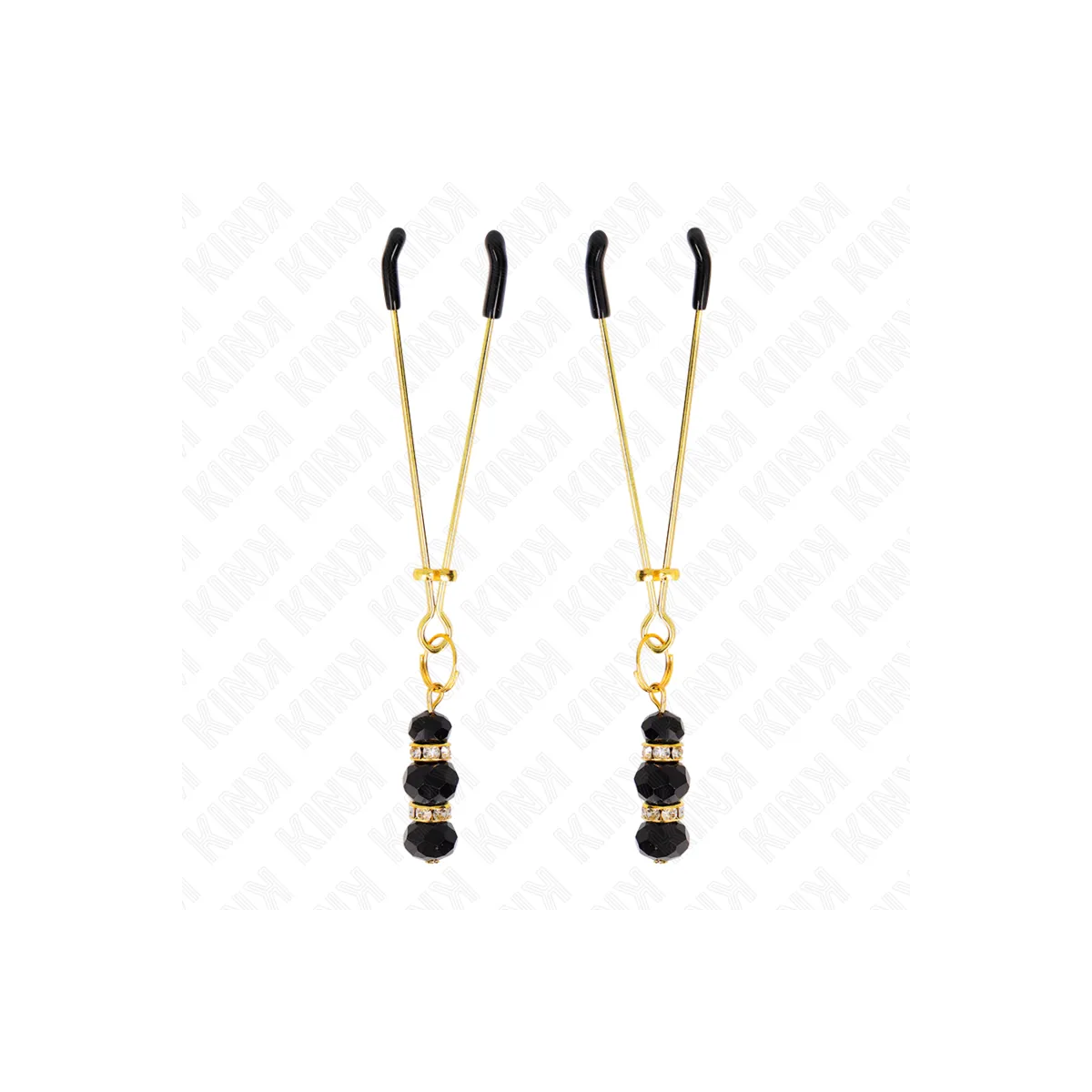 Goldene Dünne Nippelklemmen mit 3 Schwarzen Glasperlen 7 cm von Kink Nipple Grip | Fesselliebe.de