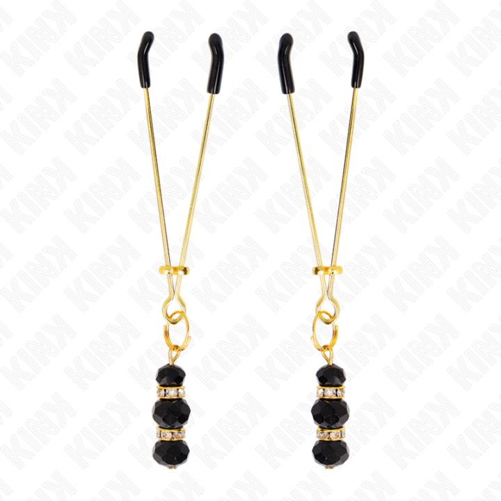 Goldene Dünne Nippelklemmen mit 3 Schwarzen Glasperlen 7 cm von Kink Nipple Grip | Fesselliebe.de