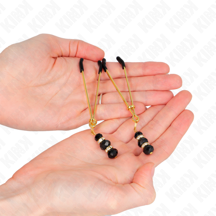 Goldene Dünne Nippelklemmen mit 3 Schwarzen Glasperlen 7 cm von Kink Nipple Grip | Fesselliebe.de
