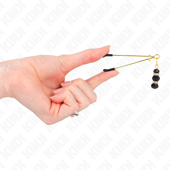 Goldene Dünne Nippelklemmen mit 3 Schwarzen Glasperlen 7 cm von Kink Nipple Grip | Fesselliebe.de