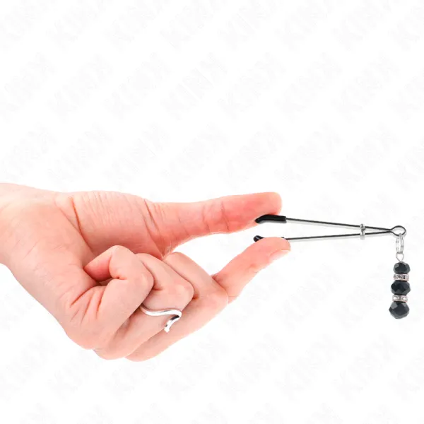 Goldene Dünne Nippelklemmen mit 3 Schwarzen Glasperlen 7 cm von Kink Nipple Grip | Fesselliebe.de