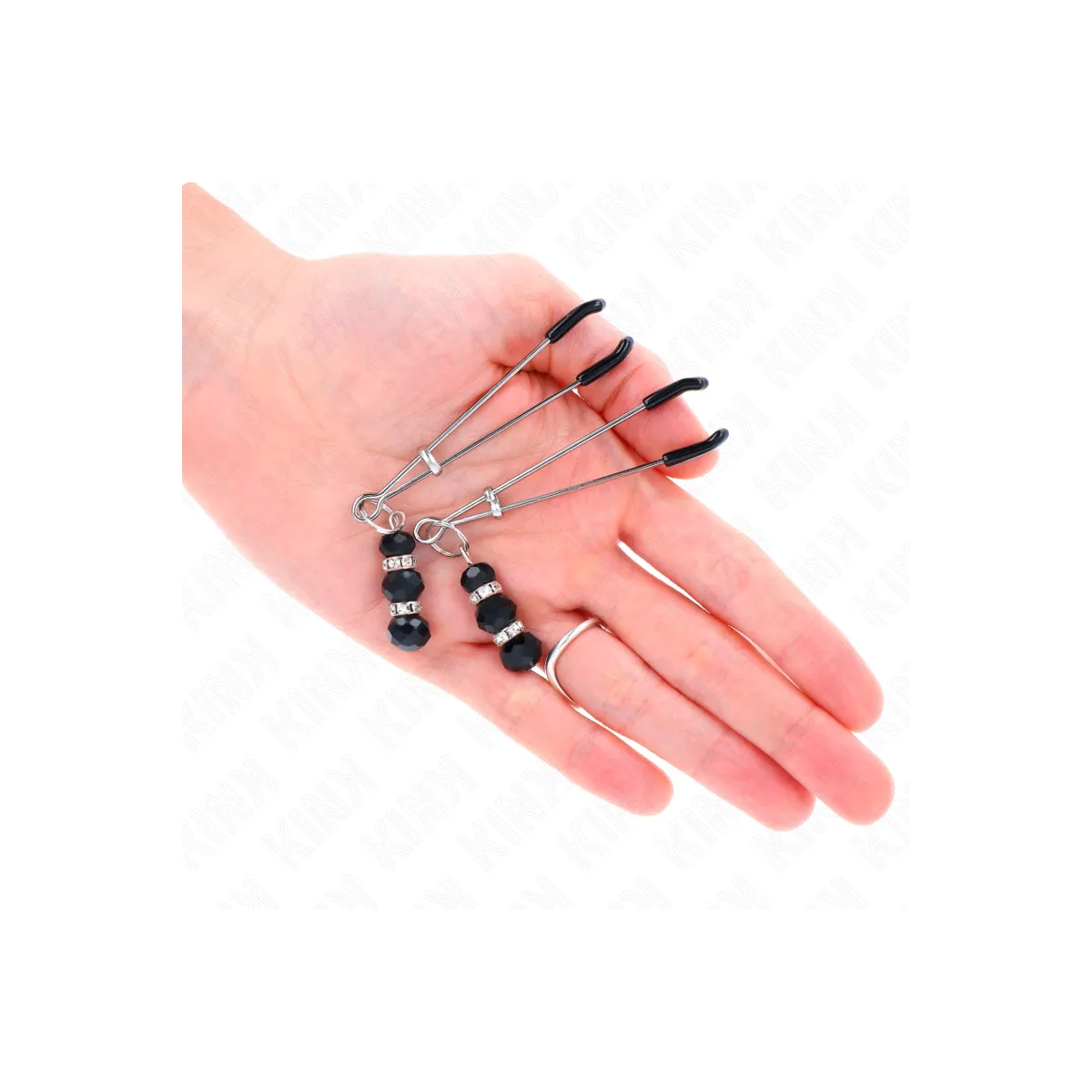 Goldene Dünne Nippelklemmen mit 3 Schwarzen Glasperlen 7 cm von Kink Nipple Grip | Fesselliebe.de