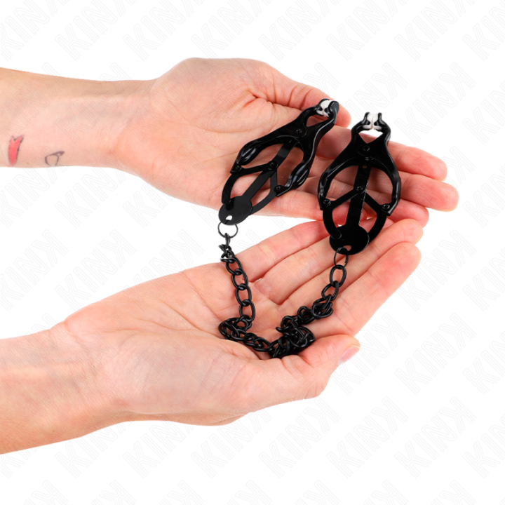 Japanische Kleeblatt-Nippelklammern mit Kette Schwarz 30 cm von Kink Nipple Grip | Fesselliebe.de