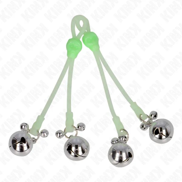 Leuchtende Totenkopf-Nippelklammern mit Ringglöckchen Verstellbar Grün/Silber von Kink Nipple Grip | Fesselliebe.de