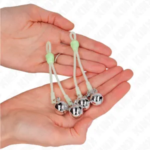 Leuchtende Totenkopf-Nippelklammern mit Ringglöckchen Verstellbar Grün/Silber von Kink Nipple Grip