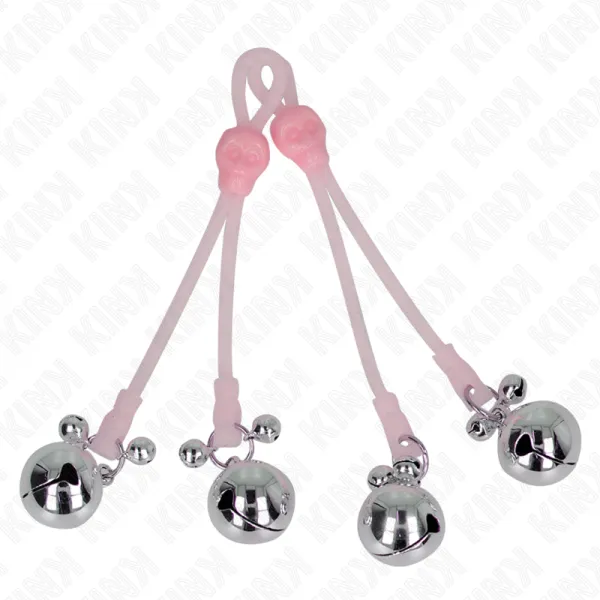 Leuchtende Totenkopf-Nippelklammern mit Ringglöckchen Verstellbar Rosa/Silber von Kink Nipple Grip | Fesselliebe.de