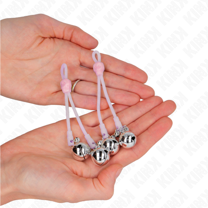 Leuchtende Totenkopf-Nippelklammern mit Ringglöckchen Verstellbar Rosa/Silber von Kink Nipple Grip | Fesselliebe.de
