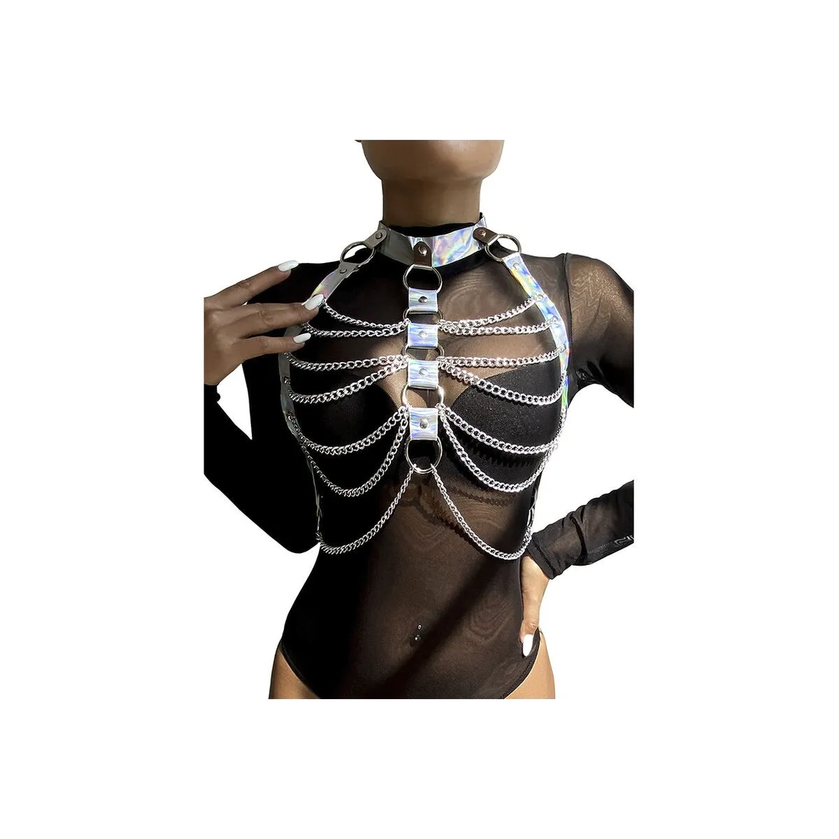 953737 Brustgurt mit Ringen und Ketten Silber eine Grösse von Subblime Fetish | Fesselliebe.de
