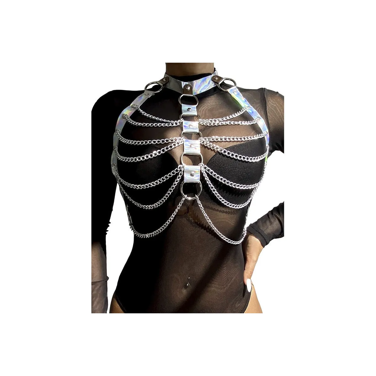 953737 Brustgurt mit Ringen und Ketten Silber eine Grösse von Subblime Fetish | Fesselliebe.de