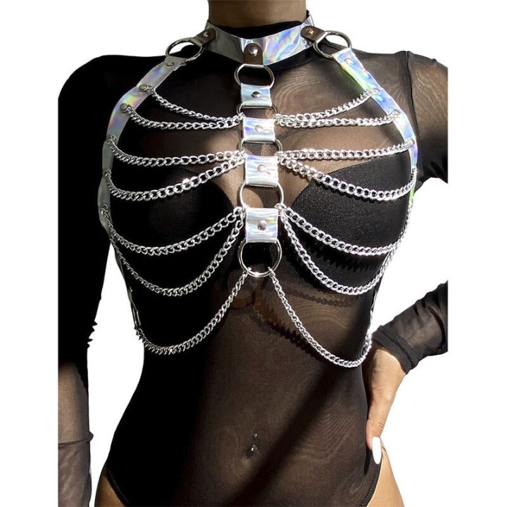 953737 Brustgurt mit Ringen und Ketten Silber eine Grösse von Subblime Fetish | Fesselliebe.de