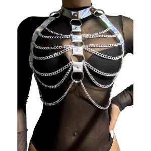 953737 Brustgurt mit Ringen und Ketten Silber eine Grösse von Subblime Fetish