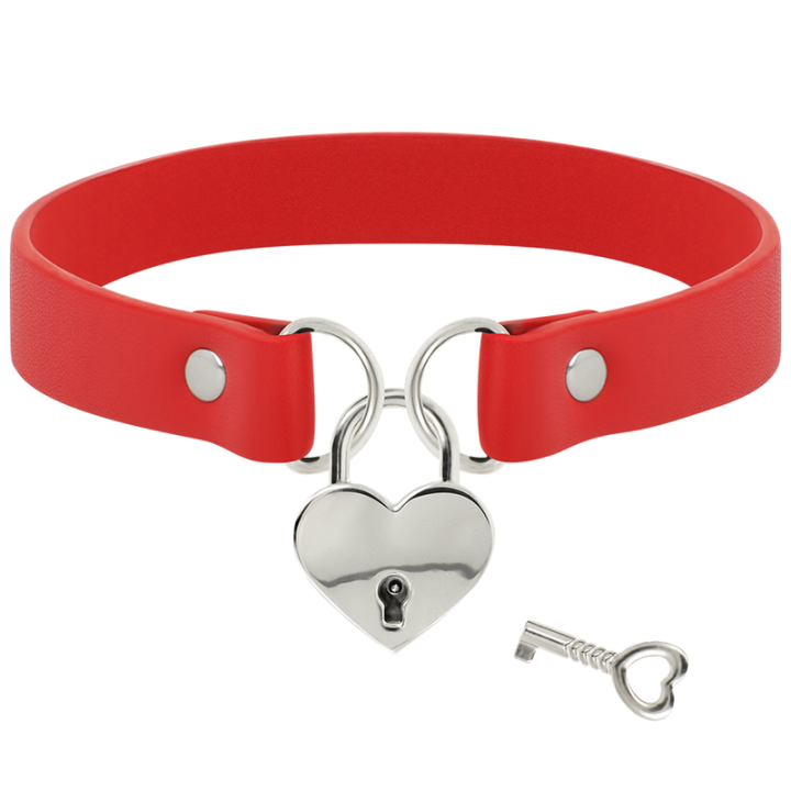 Rote Halskette aus Veganem Leder mit Herz-Accessoire mit Schlüssel von Coquette Accessories | Fesselliebe.de