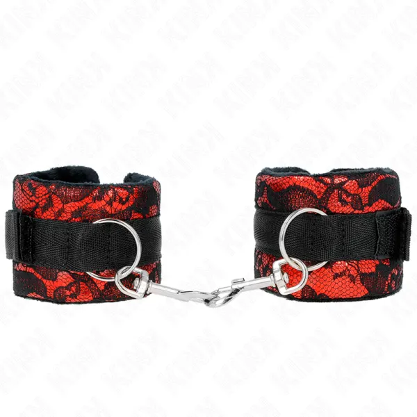 Kurze Handgelenksfesseln aus Samtspitze und Nylonfessel Rot/Schwarz 23 X 6,5 cm von Kink Wrist Restraint | Fesselliebe.de