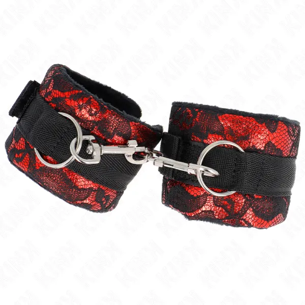 Kurze Handgelenksfesseln aus Samtspitze und Nylonfessel Rot/Schwarz 23 X 6,5 cm von Kink Wrist Restraint | Fesselliebe.de