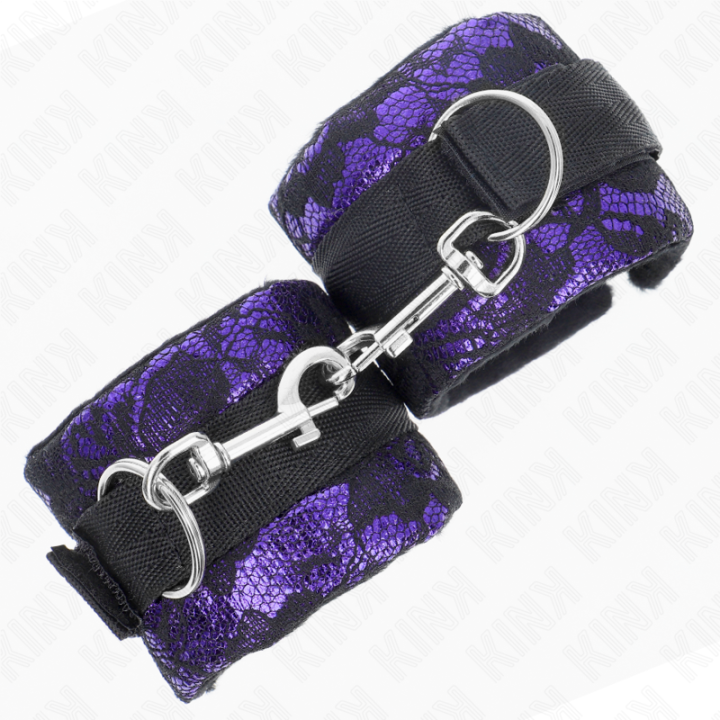 Kurze Handgelenksfesseln aus Samtspitze und Nylonbindung Lila/Schwarz 23 X 6,5 cm von Kink Wrist Restraint | Fesselliebe.de