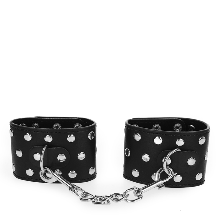 Handgelenkfesseln mit Druckverschluss Voller Nieten Schwarz Verstellbar 19-24 cm X 5,5 cm von Kink Wrist Restraint | Fesselliebe.de