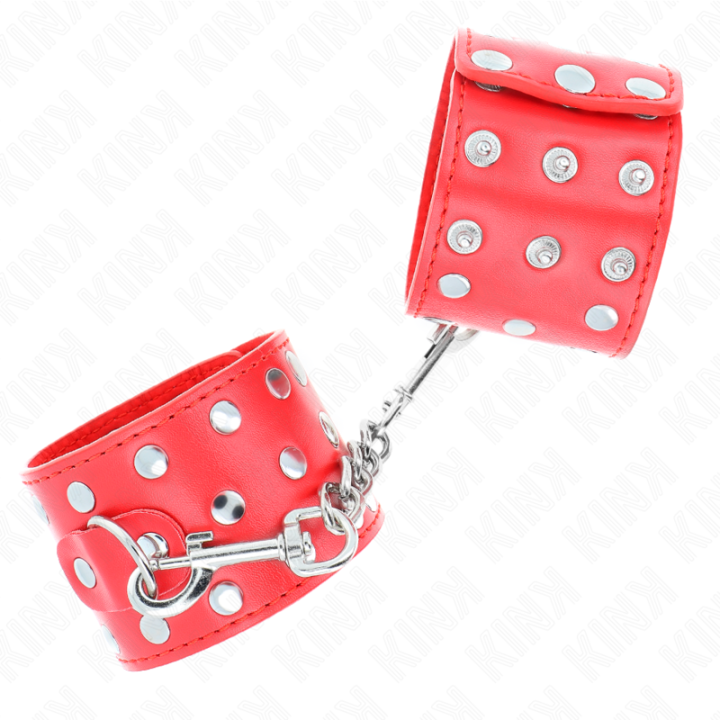 Handgelenkfesseln mit Druckverschluss Voller Nieten Rot Verstellbar 19-24 cm X 5,5 cm von Kink Wrist Restraint | Fesselliebe.de