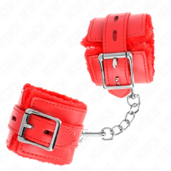 Handgelenkfesseln mit Quadratischen Löchern, Rot und Roter Gürtel, 17-29 cm X 6 cm von Kink Wrist Restraint | Fesselliebe.de