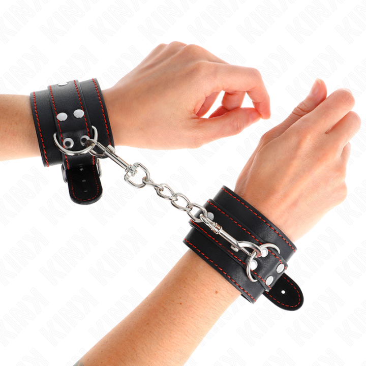 Handgelenkfesseln Schwarz mit Rotem Futter Verstellbar 20-28 cm X 5,5 cm von Kink Wrist Restraint | Fesselliebe.de