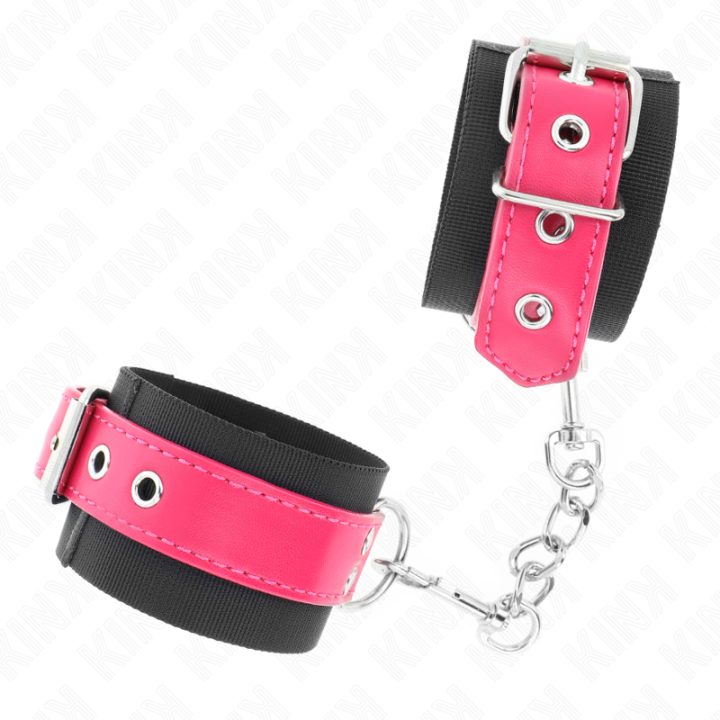 Nylon Handgelenkfesseln Schwarz mit Kunstledergürtel Himbeerrosa 19-29 cm X 5,1 cm von Kink Wrist Restraint | Fesselliebe.de