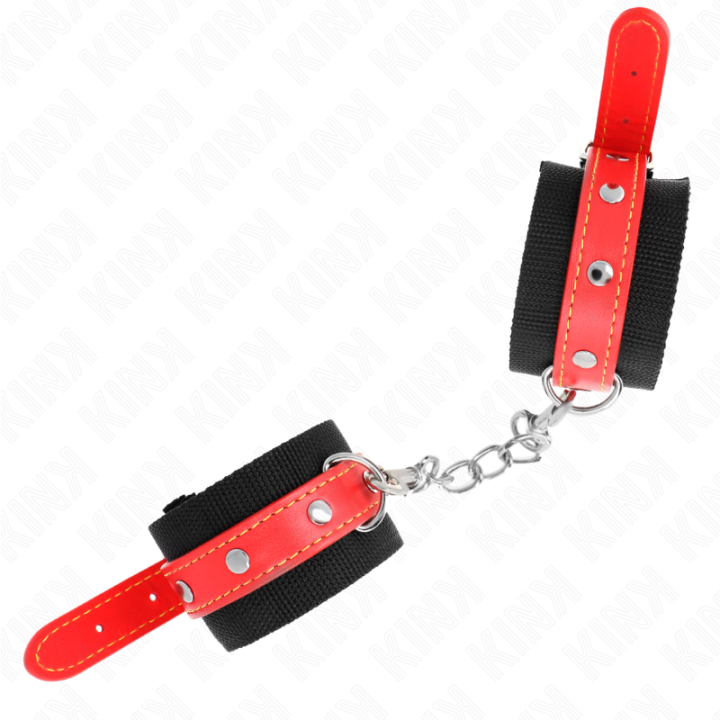 Nylon Handgelenkfesseln Schwarz mit Kunstleder Rot Verstellbar 19-24 cm X 5,5 cm von Kink Wrist Restraint | Fesselliebe.de
