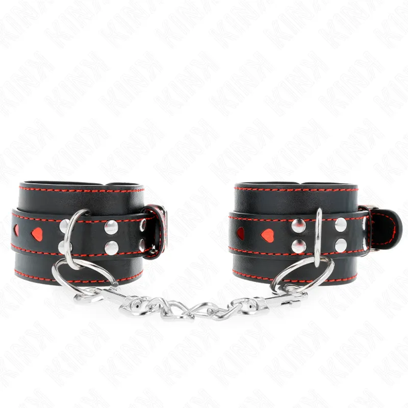 Schwarze Handgelenkfesseln mit Roter Herzeinlage, Verstellbar 21-28 cm X 5,5 cm von Kink Wrist Restraint | Fesselliebe.de