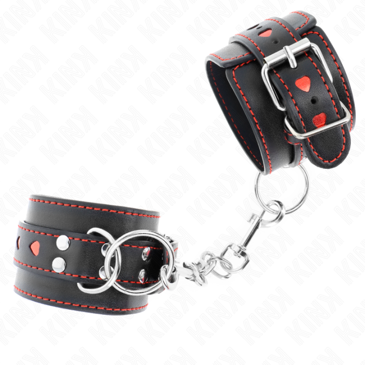 Schwarze Handgelenkfesseln mit Roter Herzeinlage, Verstellbar 21-28 cm X 5,5 cm von Kink Wrist Restraint | Fesselliebe.de