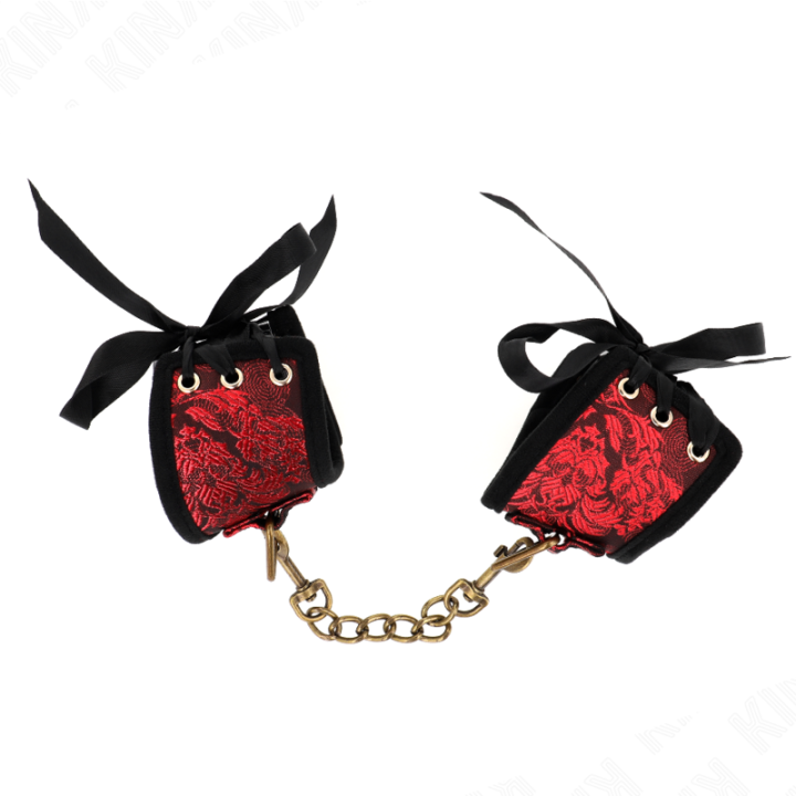 Scandal Handgelenksfesseln Rot-Schwarze Spitzendetails 24,5 cm X 6,5 cm von Kink Wrist Restraint | Fesselliebe.de