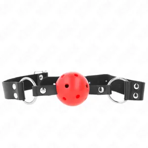 Atmungsaktiver Ball 4 cm Knebel mit Doppelniet Rot 62,5 X 2,5 cm Verstellbar 42-58 cm von Kink Collar & Gag | Fesselliebe.de