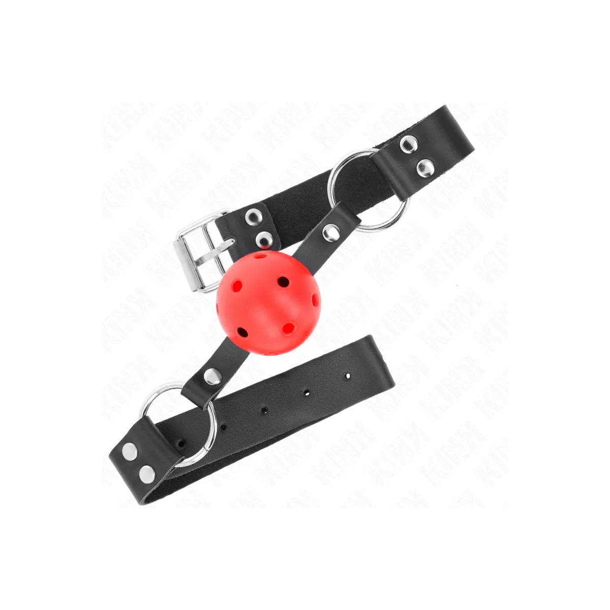 Atmungsaktiver Ball 4 cm Knebel mit Doppelniet Rot 62,5 X 2,5 cm Verstellbar 42-58 cm von Kink Collar & Gag | Fesselliebe.de