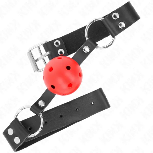 Atmungsaktiver Ball 4 cm Knebel mit Doppelniet Rot 62,5 X 2,5 cm Verstellbar 42-58 cm von Kink Collar & Gag | Fesselliebe.de