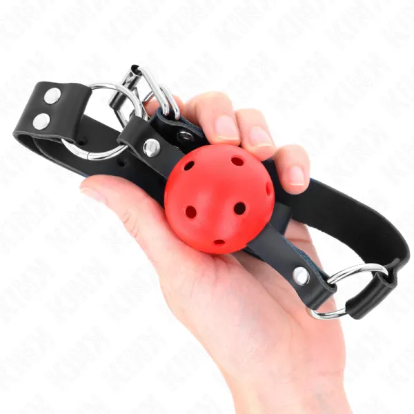 Atmungsaktiver Ball 4 cm Knebel mit Doppelniet Rot 62,5 X 2,5 cm Verstellbar 42-58 cm von Kink Collar & Gag | Fesselliebe.de