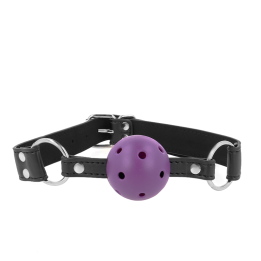 Atmungsaktiver Ball 4 cm Knebel mit Doppelniet Lila 62,5 X 2,5 cm Verstellbar 42-58 cm von Kink Collar & Gag | Fesselliebe.de