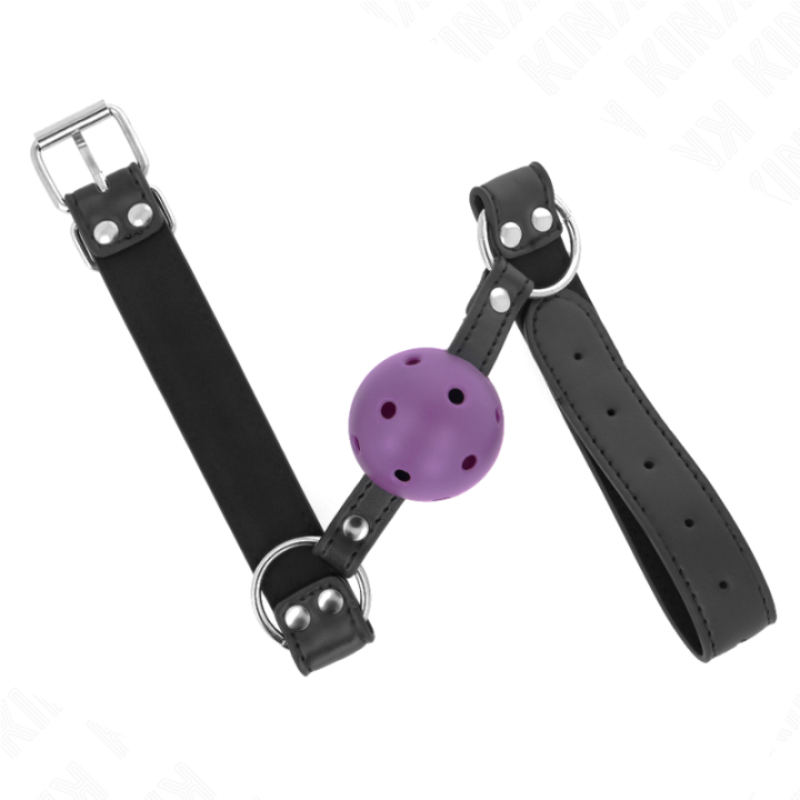 Atmungsaktiver Ball 4 cm Knebel mit Doppelniet Lila 62,5 X 2,5 cm Verstellbar 42-58 cm von Kink Collar & Gag | Fesselliebe.de