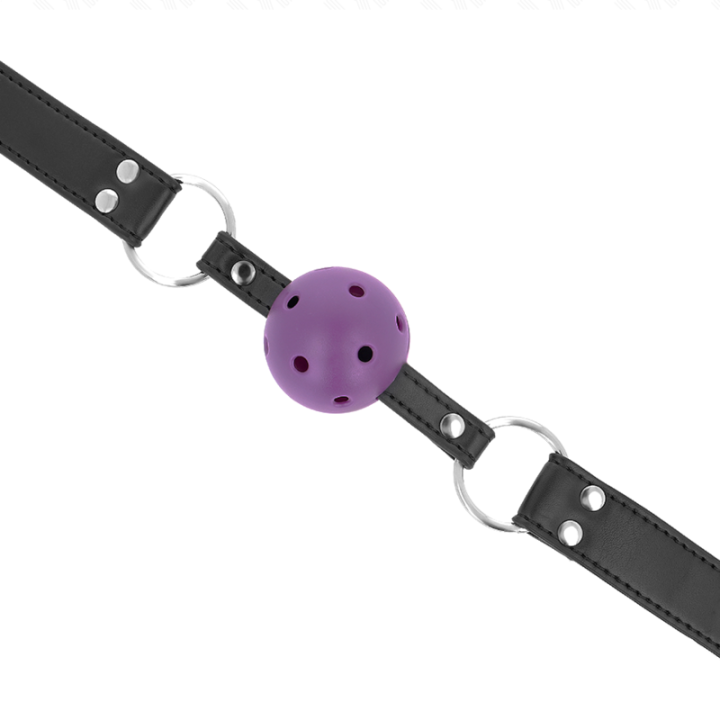 Atmungsaktiver Ball 4 cm Knebel mit Doppelniet Lila 62,5 X 2,5 cm Verstellbar 42-58 cm von Kink Collar & Gag | Fesselliebe.de