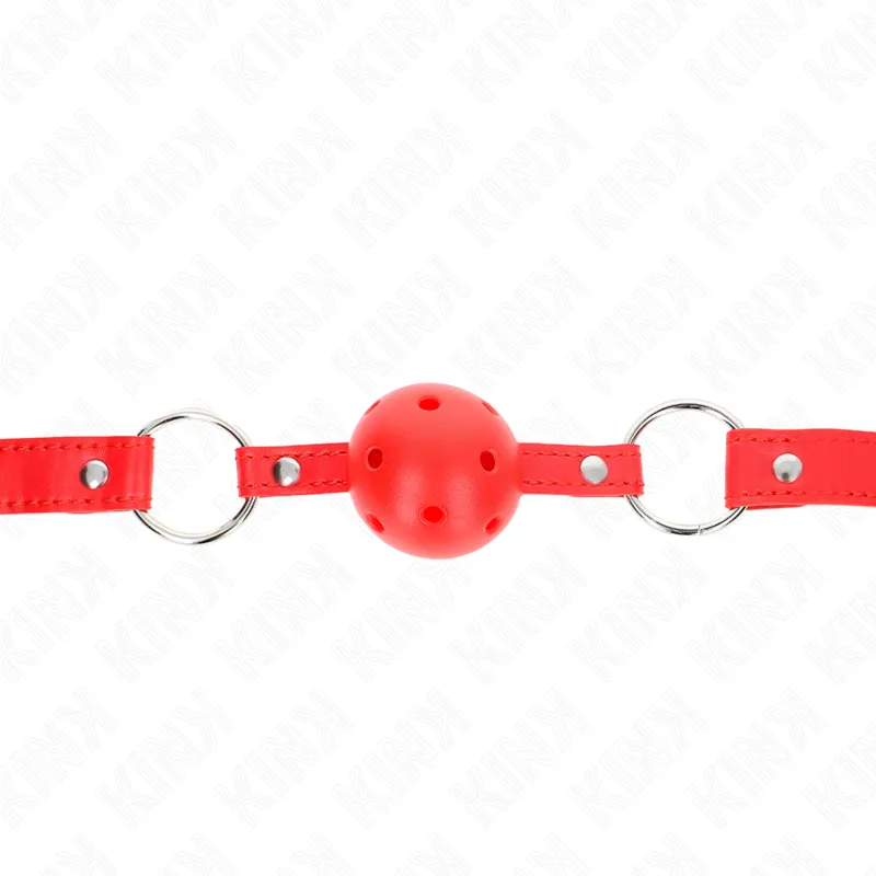 Atmungsaktiver Ball 4 cm Knebel mit Doppelniet Modell 1 Rot 62,5 X 2,5 cm Verstellbar 42-58 cm von Kink Collar & Gag | Fesselliebe.de
