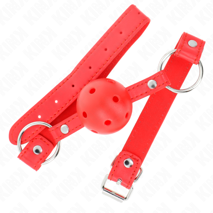 Atmungsaktiver Ball 4 cm Knebel mit Doppelniet Modell 1 Rot 62,5 X 2,5 cm Verstellbar 42-58 cm von Kink Collar & Gag | Fesselliebe.de