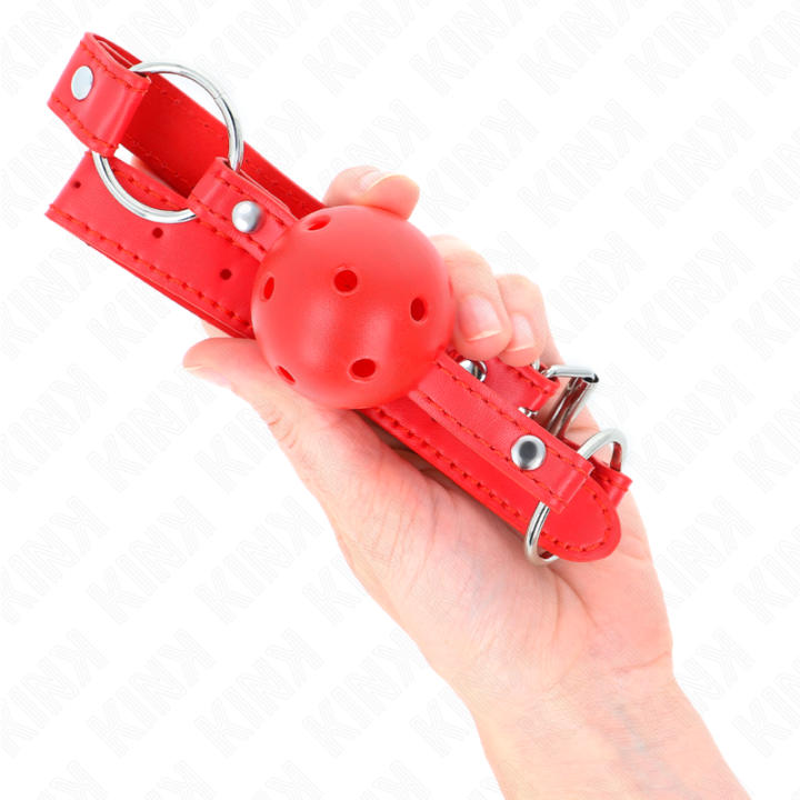 Atmungsaktiver Ball 4 cm Knebel mit Doppelniet Modell 1 Rot 62,5 X 2,5 cm Verstellbar 42-58 cm von Kink Collar & Gag | Fesselliebe.de