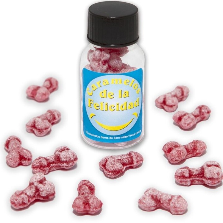 Glas mit 12 Erdbeer-/Kirsch-Bonbons In Penisform von Diablo Picante | Fesselliebe.de