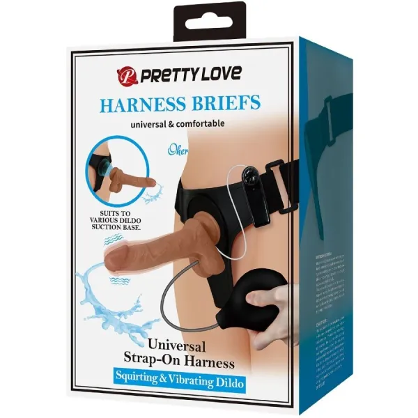 Universal Harness Slip mit Vibrierendem und Squirting-Dildo 15,5 cm Mulato von Pretty Love | Fesselliebe.de
