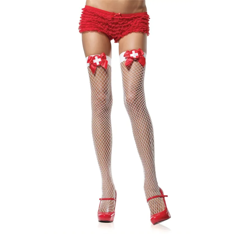 Weiße halterlose Netzstrümpfe mit roter Schleife von Leg Avenue | Fesselliebe.de